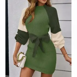 Women's Color Block Sweater Midi Dress - Fall Long Sleeve Bodycon Dress With Tie WaistFall Weddings or Cocktail PartiesDate Nights and Anniversary DinnersHoliday Gatherings and Office EventsA Confident Night Out with FriendsMaking a bold fashion statement
