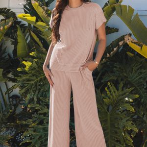 Corded Knit Short Sleeve T Shirt and Wide Leg Pants Set - Smoke Gray Solid