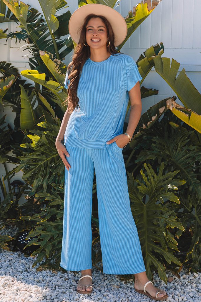 Corded Knit Short Sleeve T Shirt and Wide Leg Pants Set - Blue Solid