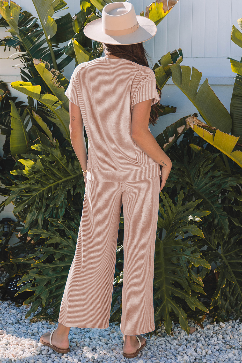 Corded Knit Short Sleeve T Shirt and Wide Leg Pants Set - Smoke Gray Solid