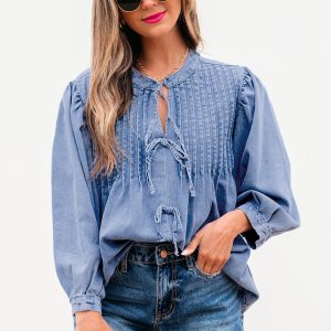 Myosotis Denim Front Pintuck Bow Tie Puff Sleeve Top